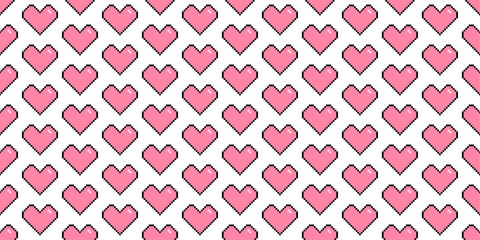 Fototapete - Background of pink hearts. Repeating pattern of pixelated hearts.