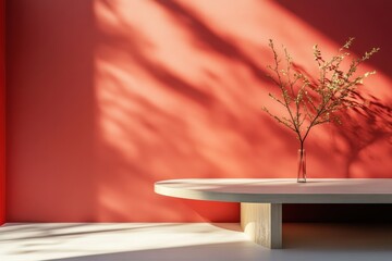 Aufkleber - Empty showcase on light wooden table with plant on red wall background with light gradient
