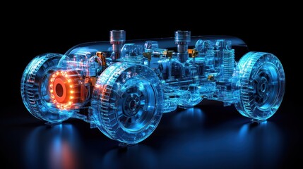 Fototapete - Transparent 3D model of a vehicle chassis with glowing engine.