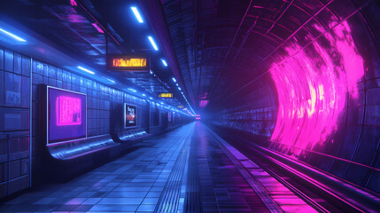 Wall Mural - neon nights subway station synthwave. neon graffiti cyberpunk tunnel. illustration