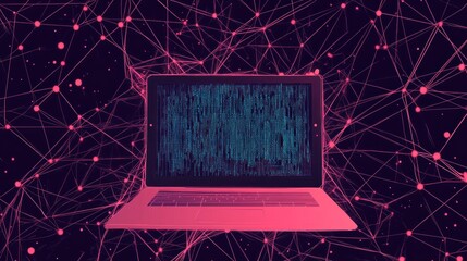 Laptop Displaying Binary Code Over Network Connection Background for Digital Technology