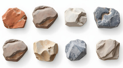 Fototapete - a collection of eight smooth, polished stones of different colors and textures. The stones are arranged in two rows of four, and the image is set against a neutral white background.
