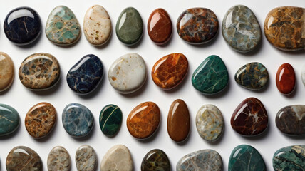 Aufkleber - a collection of colorful polished stones, arranged in neat rows, showcasing their smooth textures