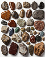 Aufkleber - a collection of various colorful rocks and stones arranged together. Different shapes, sizes, and textures of stones