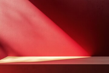 Poster - Empty tabletop displaying products on red wall with light and shadow