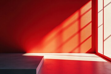 Aufkleber - Empty tabletop displaying products on red wall with window light and shadow