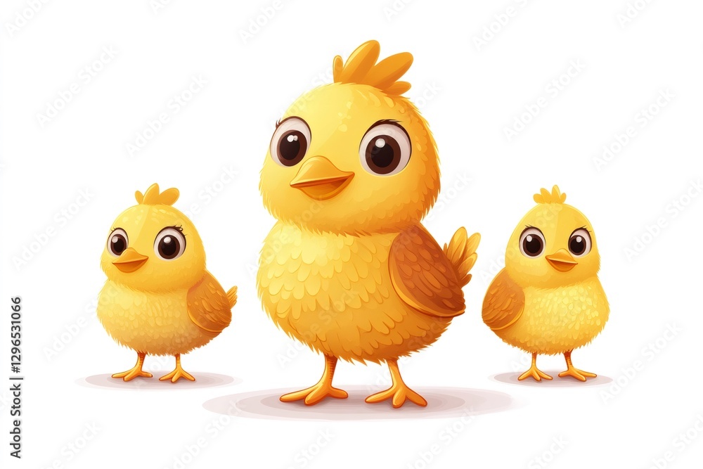 Three cute cartoon chicks posing on white background