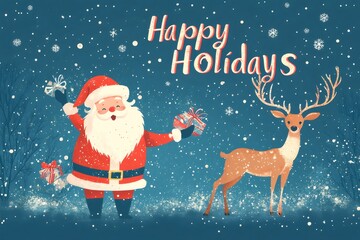Wall Mural - santa claus holding gifts with reindeer under snowfall happy holidays