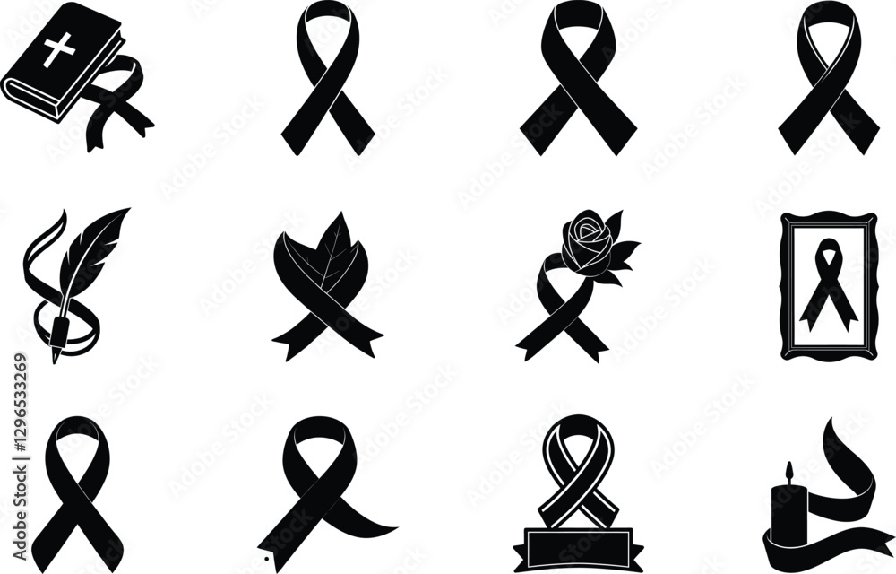 Black ribbons, grief symbols, remembrance, mourning, loss, death ...