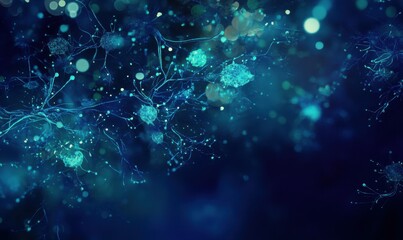 Abstract blue and teal bokeh lights with dark background.