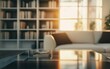 © MUdaylah - 3D rendering of a blurred living room interior with a white sofa and coffee table in the background, a bookcase with books and a potted plant. Minimalist home decor design.
