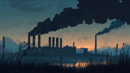 Poster - Power plants silhouetted against a colorful sunset with dark smoke rising above the landscape in a serene environment. Generative AI