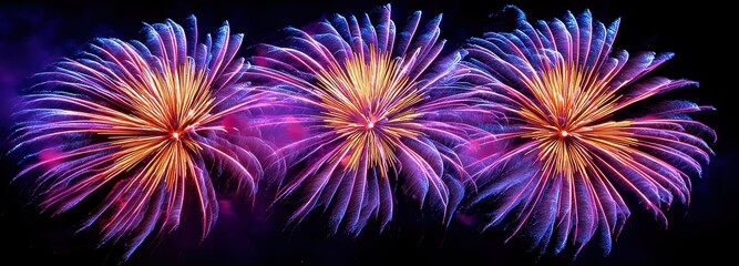 vibrant purple and red fireworks exploding against dark sky