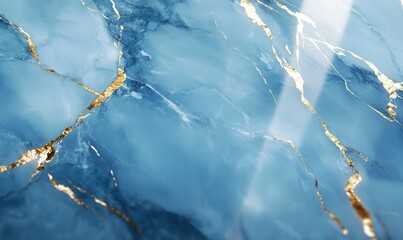 Wall Mural - artistic close-up of blue and white marble with golden veins, illuminated by subtle light emphasizin