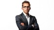 © Evloxx - portrait of a confident 25 year old Caucasian young businessman, CEO, boss, bank employee, or manager standing with his arms crossed. He is wearing formal business attire, including a tailored blazer
