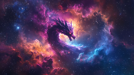 Wall Mural - A stunning cosmic dragon shape emerges from colorful nebula clouds, surrounded by stars and galaxies in deep space. Nebula Dragon Formation. Illustration