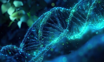 Wall Mural - artistic depiction of glowing dna strands in vibrant blue and green tones symbolizing scientific inn