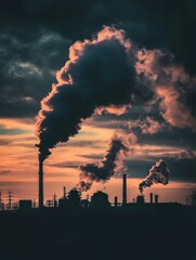 Poster - Smokestacks release thick clouds against a vibrant sunset in an industrial area near the city. Generative AI