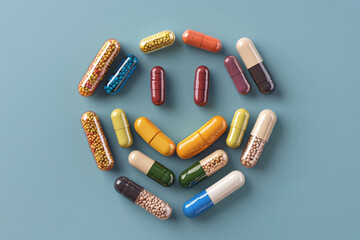 Fototapete - A playful composition featuring different shapes and colors of vitamins arranged into a cheerful