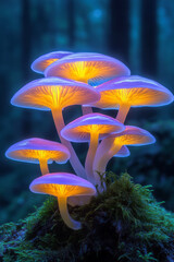 Poster - Glowing mushrooms clustered at the base of an ancient tree, soft bioluminescence casting eerie