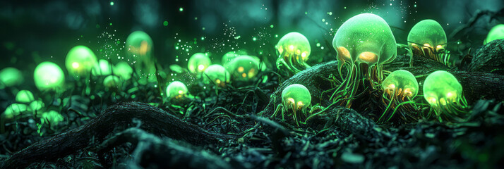 Aufkleber - Soft green luminescent mushrooms nestled between twisted roots, faint sparkles drifting in the air,