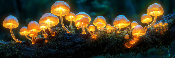 Aufkleber - Majestic display of otherworldly mushrooms radiating warm amber light, ancient tree trunk draped in