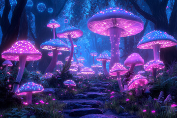 Poster - Elaborate scene of colorful glowing mushrooms in varied sizes, thick foliage overhead, moody
