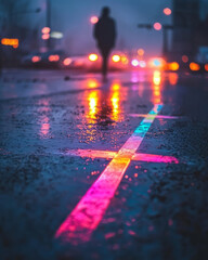 Aufkleber - Cinematic shot of a personâ€™s outline mirrored on wet pavement, vivid neon overlays forming