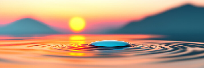 Aufkleber - Intimate close-up of water ripples reflecting dawn hues, distant mountains softly blurred, crisp