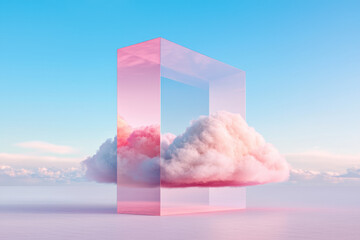 Aufkleber - Futuristic layered glass tower appearing to dissolve into a billowy cloudscape, high-contrast