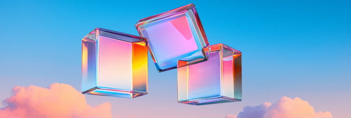 Poster - Minimalist overhead shot of sharp-edged glass shapes floating among cottony clouds, gentle pastel