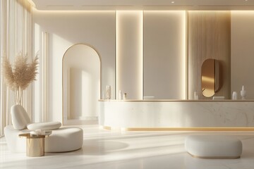 Poster - Modern interior of a minimalistic reception area illuminated by soft natural light in a contemporary design. Generative AI