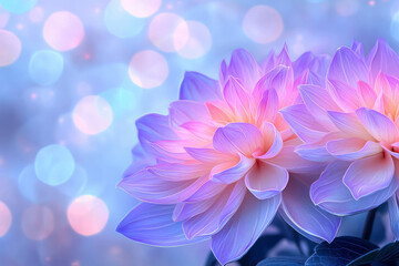 Poster - Surreal close-up composition focusing on two bright flowers radiating neon purples and oranges,