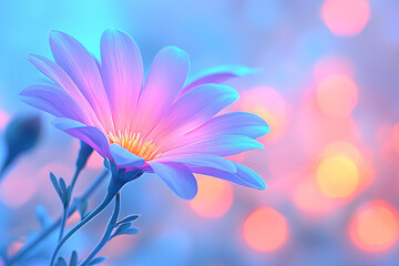 Wall Mural - Surreal close-up composition focusing on two bright flowers radiating neon purples and oranges,