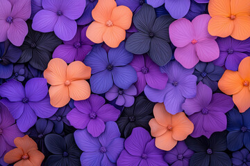 Poster - Abstract overhead display of purple and orange blooms arranged in a swirling pattern, subtle glow,