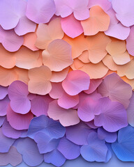 Poster - Whimsical collage of petal fragments in shifting purples and oranges, subtle luminescent outlines,