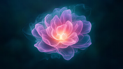 Poster - Dreamlike overhead perspective showing an abstract radiant bloom emerging from lush greenery,