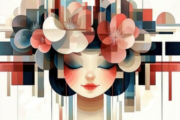 Wall Mural - serene geometric portrait of a woman adorned with abstract flowers