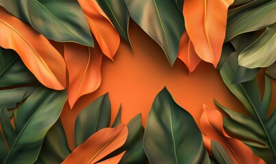 Wall Mural - artistic flat-lay of tropical leaves in vibrant orange and green tones, softly illuminated by warm n