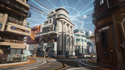 Naklejka na meble A futuristic city where buildings are connected by beams of radiant energy.