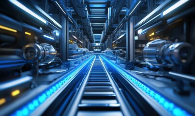 Futuristic industrial assembly line glowing dynamically with vibrant blue and silver accents, symbolizing innovation and efficiency