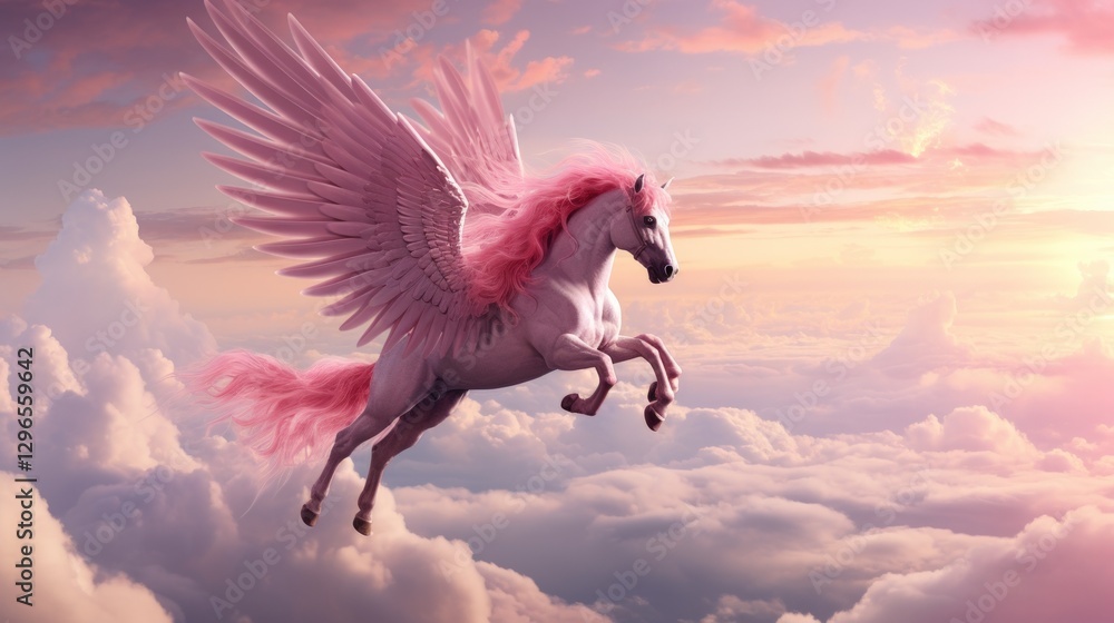 Fantasy a pink pegasus flying sore wings in the dramatic clouds in the sky background. AI generated