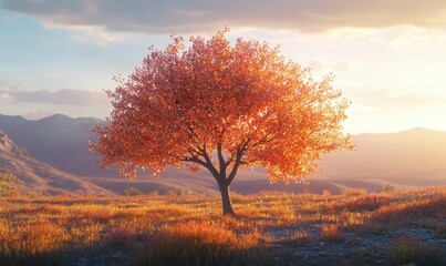Wall Mural - bright orange tree in full autumn bloom, illuminated by warm golden sunlight, surrounded by a vibran