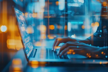 Hands of a programmer typing on a laptop with an overlay of digital code showcasing technology and innovation. Generated AI