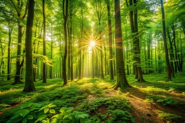 Wall Mural - Lush Forest Sunlight, Vibrant Green Nature Background Image