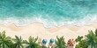 © shirophoto - realistic photograph bird eye view high angle of the beach which have sand beach, coast , chair and umbrella with coconut tree