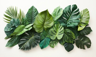 Wall Mural - lush green tropical leaves arranged against a clean white background, softly illuminated to enhance 