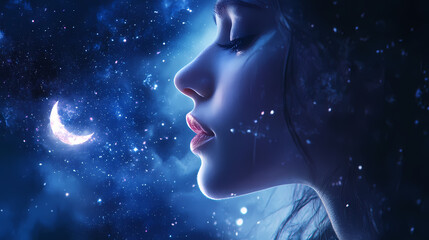 Wall Mural - Moonlit portrait of a serene woman ethereal night sky digital art mystical atmosphere close-up view. Ethereal Star Goddess. Illustration