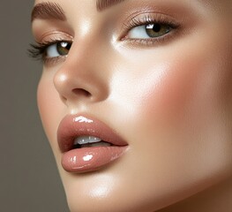 Wall Mural - Close-up of a beautiful woman's face with smooth, clear skin, minimal makeup, glossy lips, high-resolution photography, soft lighting, beauty magazine cover