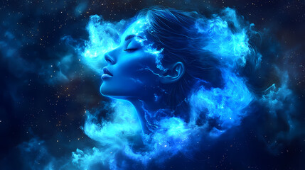 Wall Mural - serene woman engulfed in ethereal blue flames against a dramatic night sky. ethereal star goddess. i